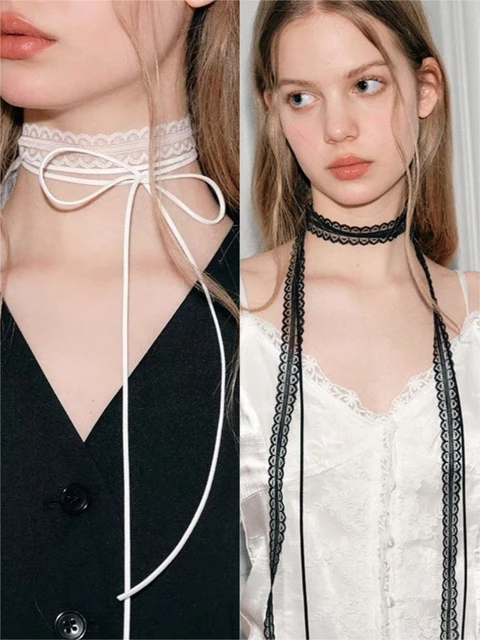 2 pièces rétro dentelle ruban arc tour de cou femmes mode Simple Double couche Long gland collier polyvalent cou ornement accessoires 1
