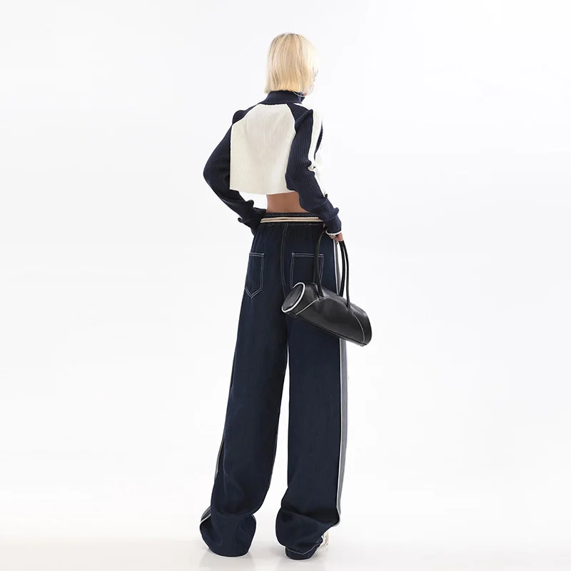 High Street Hip Hop Straight Jeans Women Vintage Spliced Elastic Waist Streetwear Pants Oversize Loose Casual Wide Leg Trousers