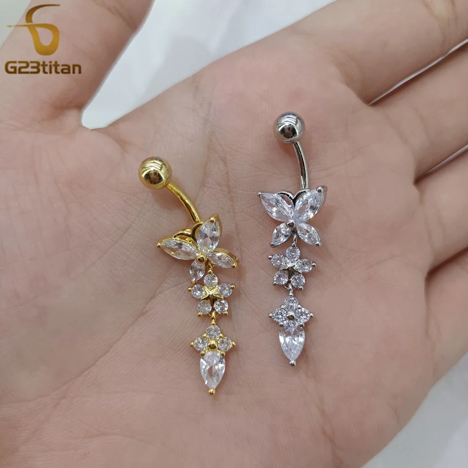 Belly Button Ring Jewelry G23titan CZ Zircon Butterfly Dangle Belly Button Ring 14G Titanium Barbell Navel Bar Body Piercing Jewelry Women Sex Accessories