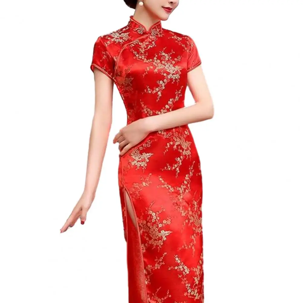 Chinese Dress Women Dress Chinese National Style Floral Embroidery Stand Collar Short Sleeves High Side Split Chinese Knot Buttons Cheongsam