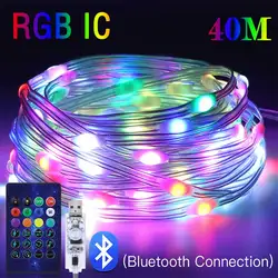 Outdoor LED String Lights: Smart RGB Festoon Fairy Lights with Bluetooth Music Sync and Water - Resistant Leather Line - 30m (RGB IC)