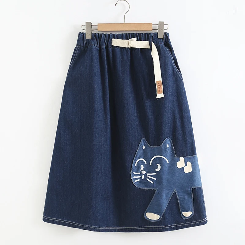 

Denim Skirt For Women Spring Autumn Cartoon Cat Embroidery Skirts Women Mori Girl Sweet Cotton Female Kawaii Cowboy Skirts