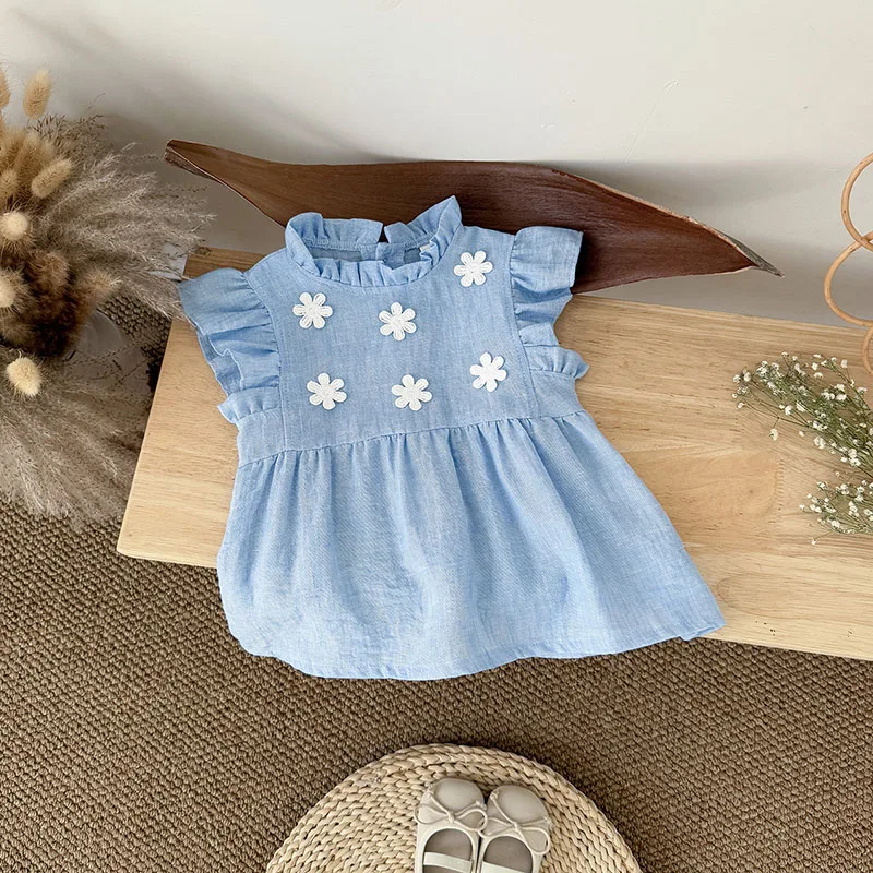 Cute Autumn Baby Dress Cotton Color Block Flying Sleeves Tops