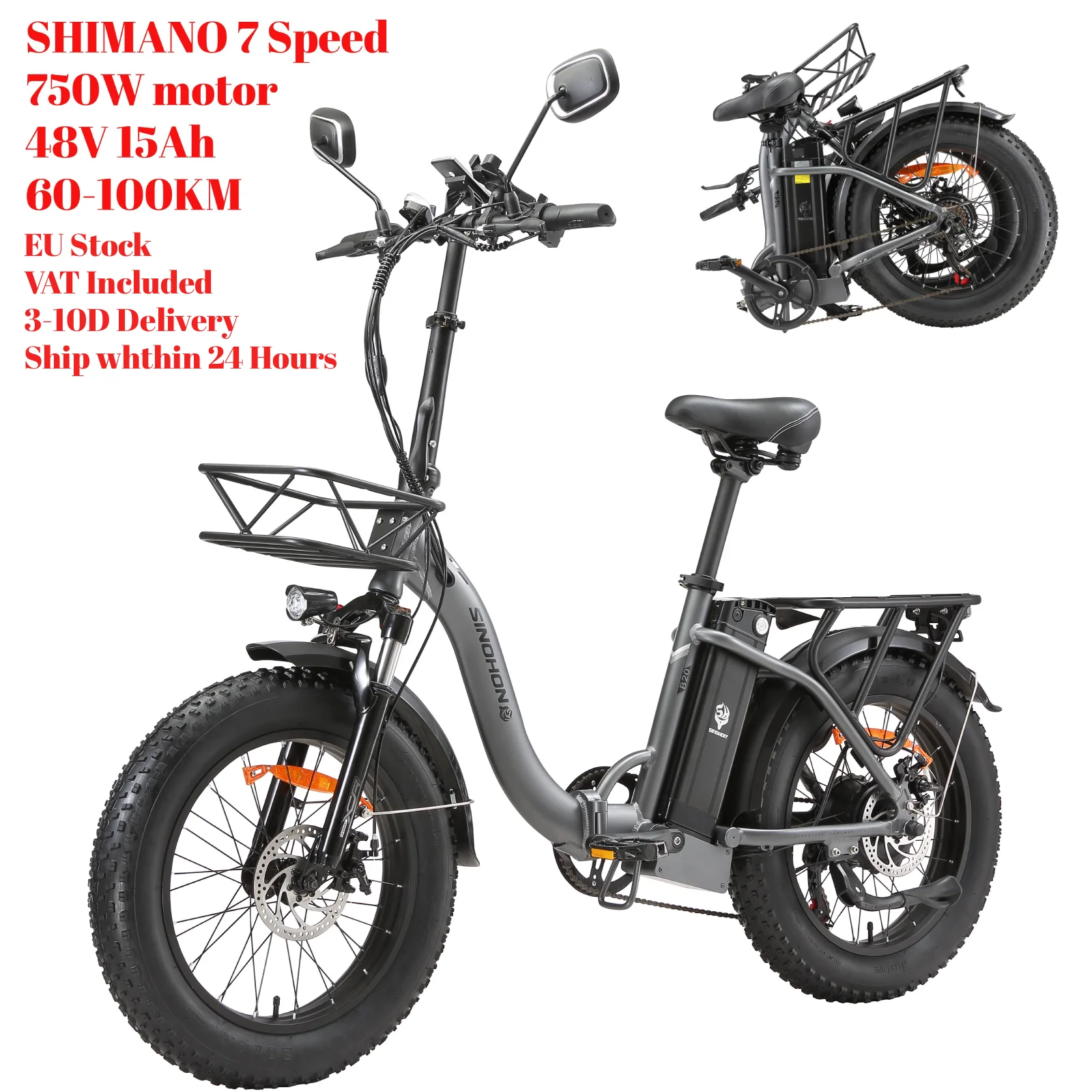 B20 faltbares Elektro fahrrad 750W, 48V 15Ah austauschbarer Akku, Shimano 7-Gang, IP65 wasserdicht, 20 "x 4,0 fette Reifen, 45km/hmax Geschwindigkeit 1