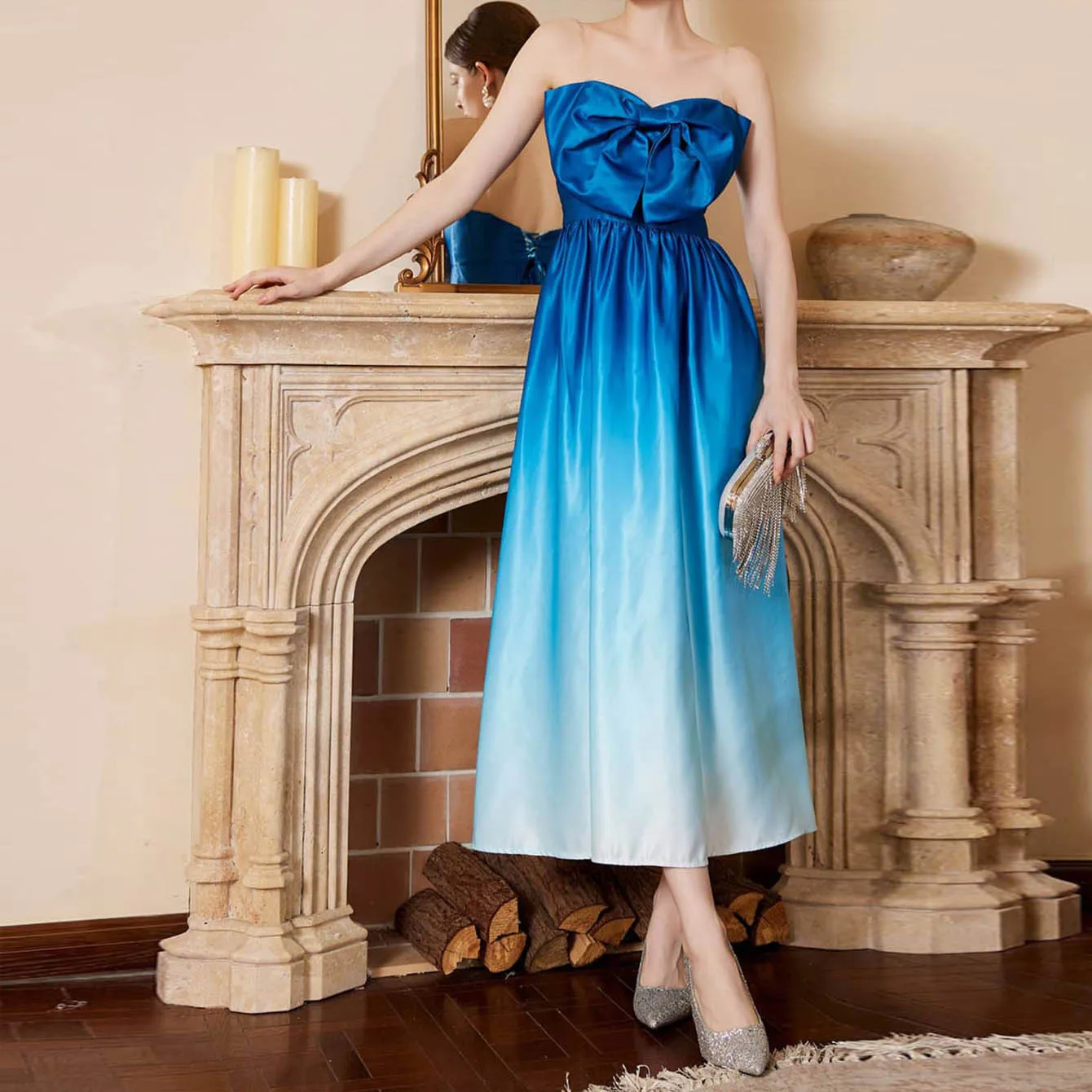

LKF 2024 New Design High end Women's Dress Fashionable Gradient Bow Splice Sexy strapless Off Shoulder Banquet Dress for Women