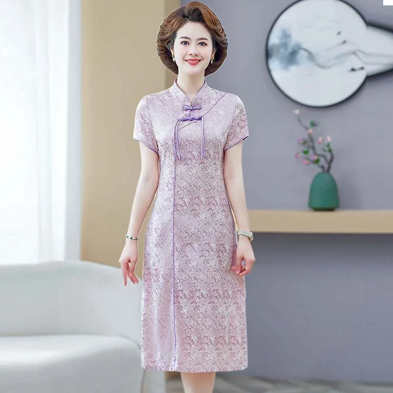 

Женское шелковое платье средней длины, розовое Элегантное Шелковое Платье в стиле ретро с коротким рукавом и цветочным рисунком, женская одежда высокого качества в китайском стиле
