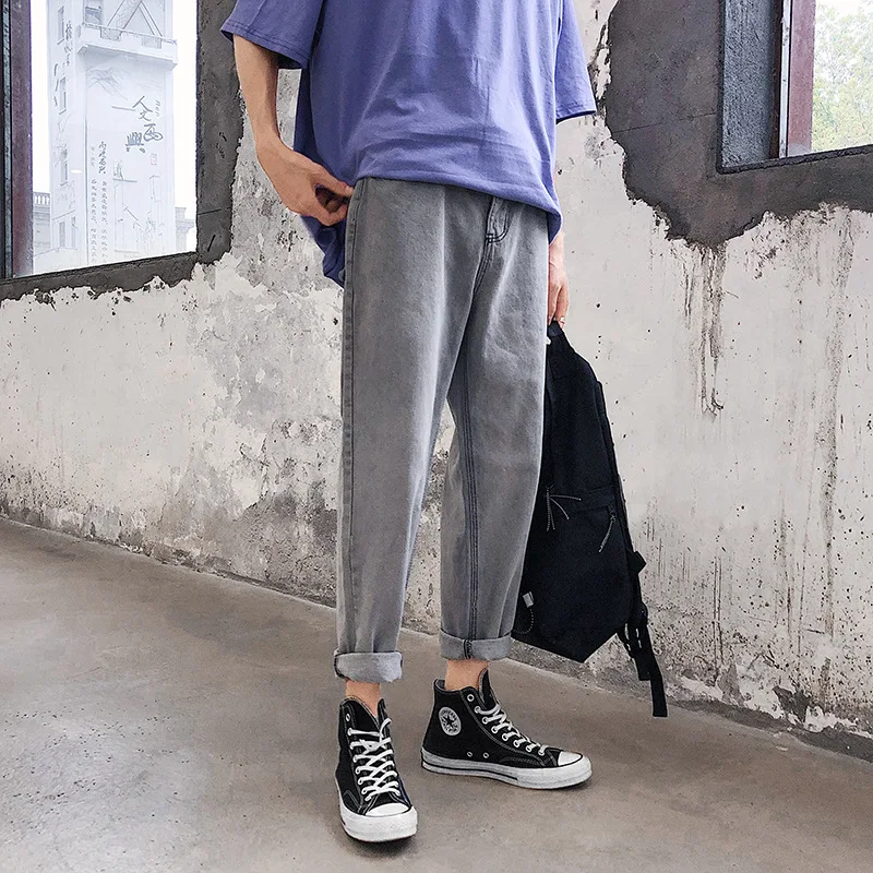 Summer Korean Style 2022 Brand Straight Jeans Male Teenagers Handsome Trendy Grey And Black Loose Ankle Length Casual Pants