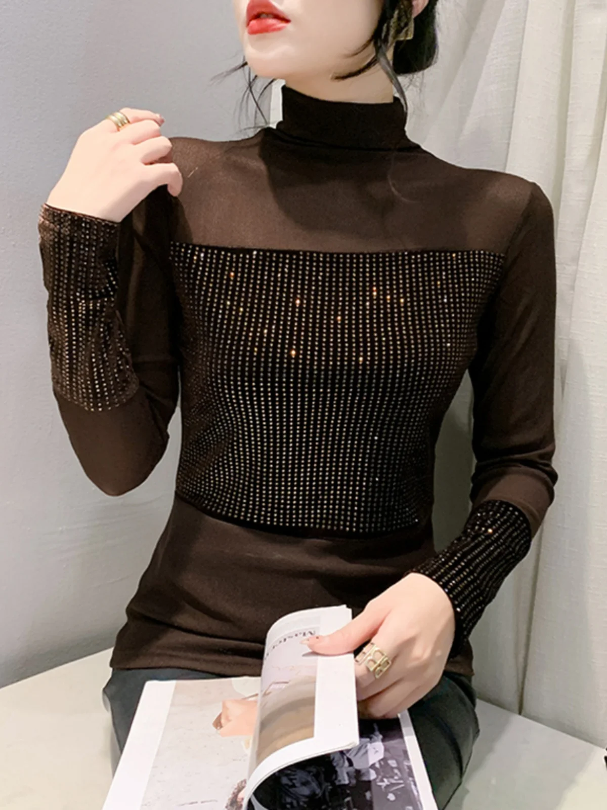 

#8974 Streetwear T Shirt Women Split Joint Mesh Skinny T Shirt Long Sleeve Thin Sexy Turtleneck T-shirt Female Shinny Diamonds