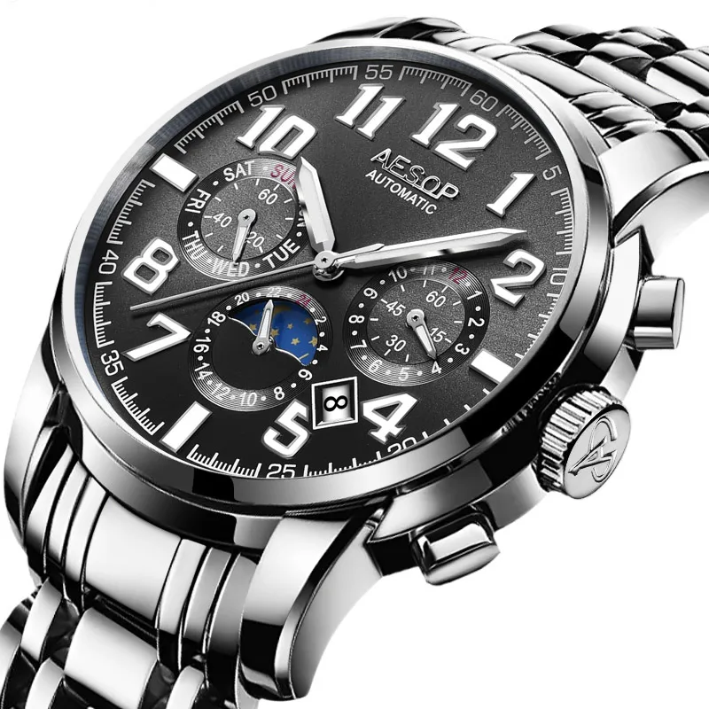 AESOP 9015 Automatic Mechanical Watches Watch for Men Date Month and Week Display Waterproof Male Wrist Watch Men reloj hombre 