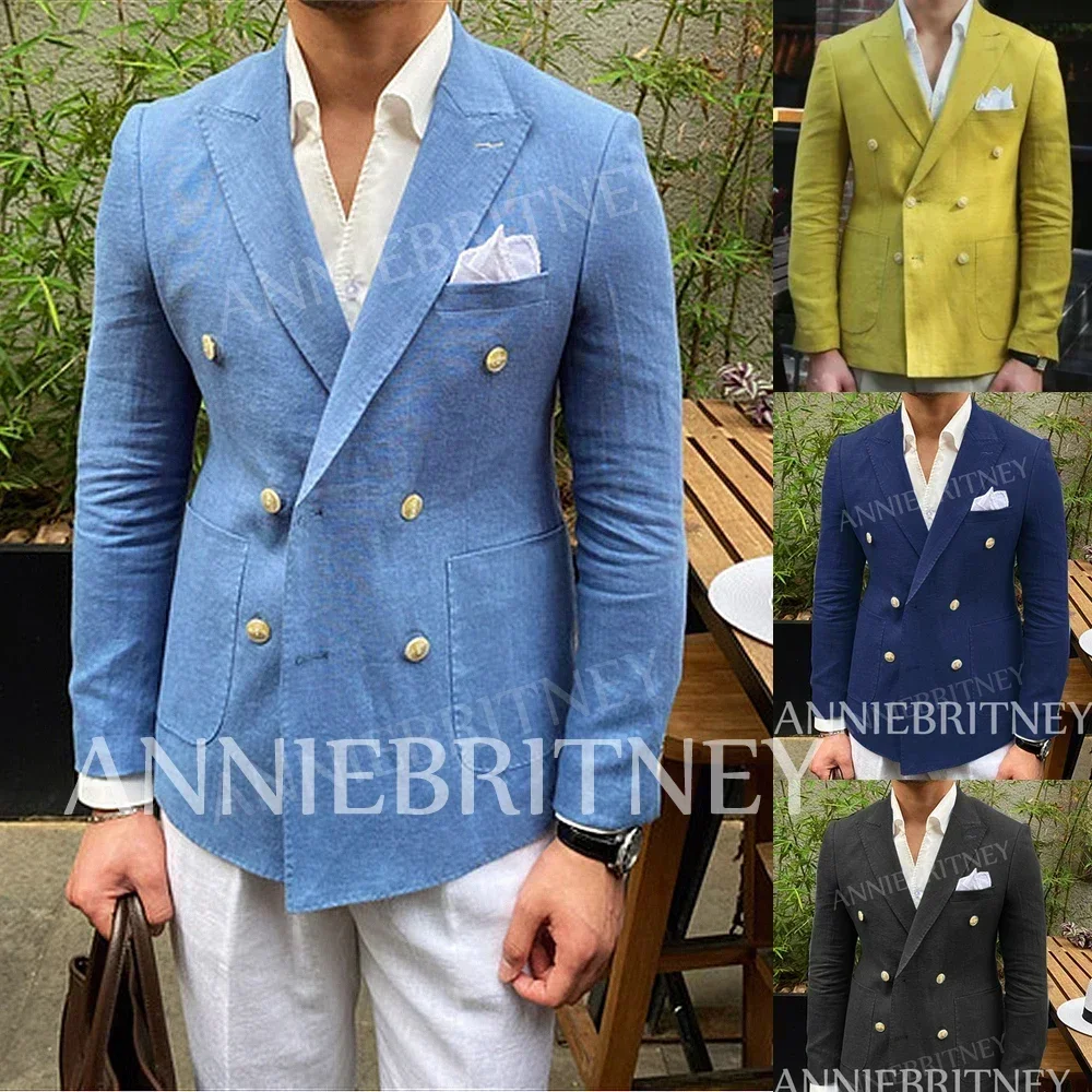 Summer Beach Linen Blazer Double-breasted Men Jacket Slim Fit Social Coat men suits jackets