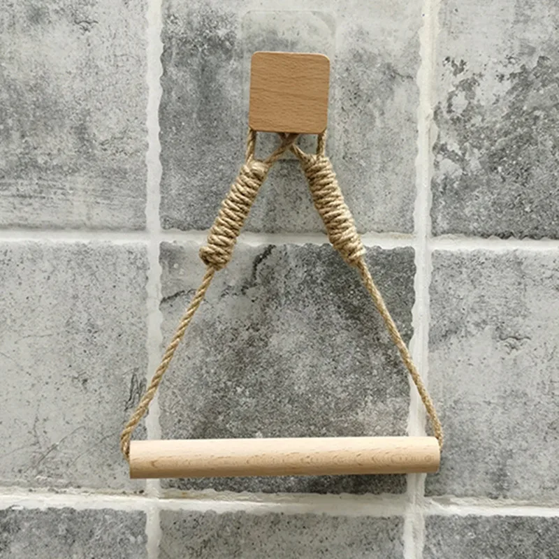Wall hangs Wooden Paper Towel Holder Bedroom Triangle Paper Rack Bathroom Wall Towel Decir Hemp Toilet Towels