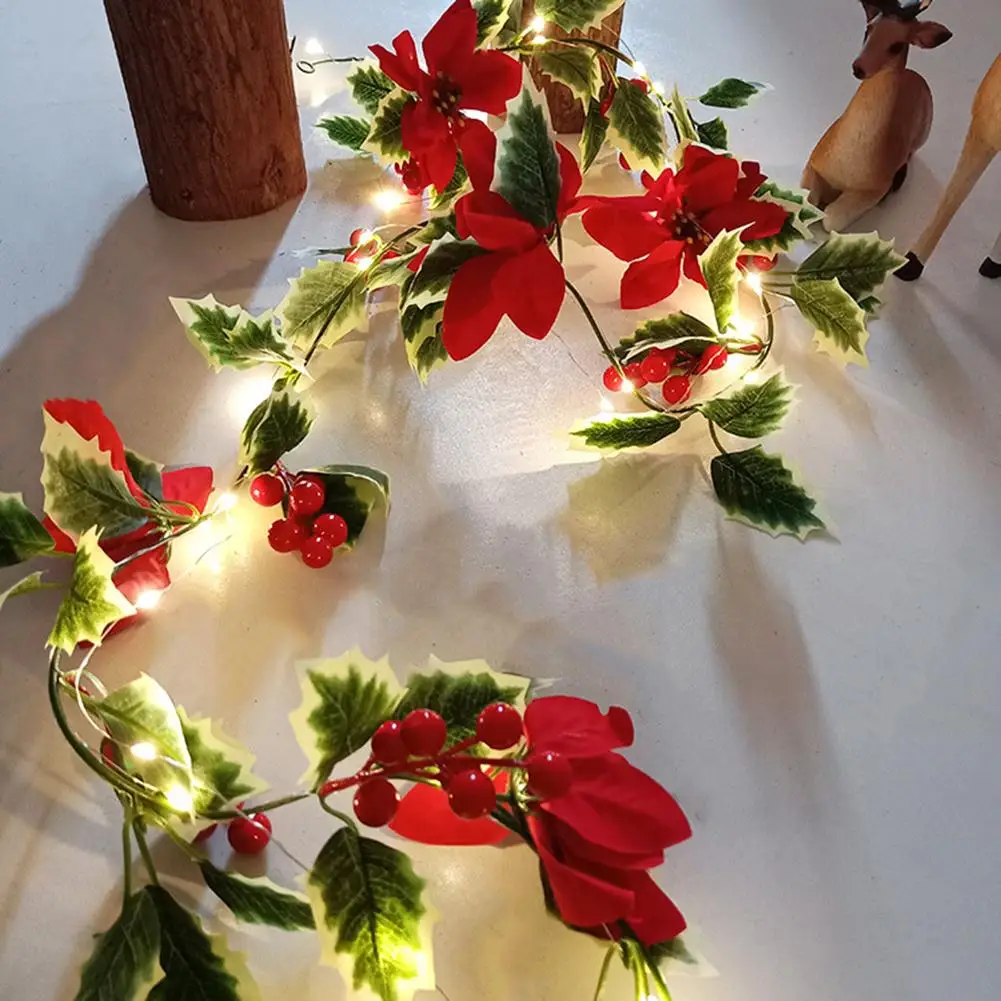 

Artificial Poinsettia Garland Decorative String Lights With Red Berries Rattan For Christmas Decoration