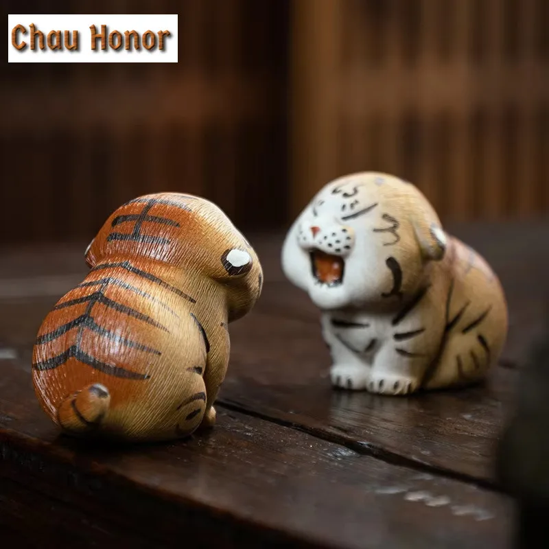 Creative Purple Clay Fingertip Tea Pets Small Lovely Tiger Statue Ornament Handmade Sculpture Crafts Home Tea Set Decoration Art