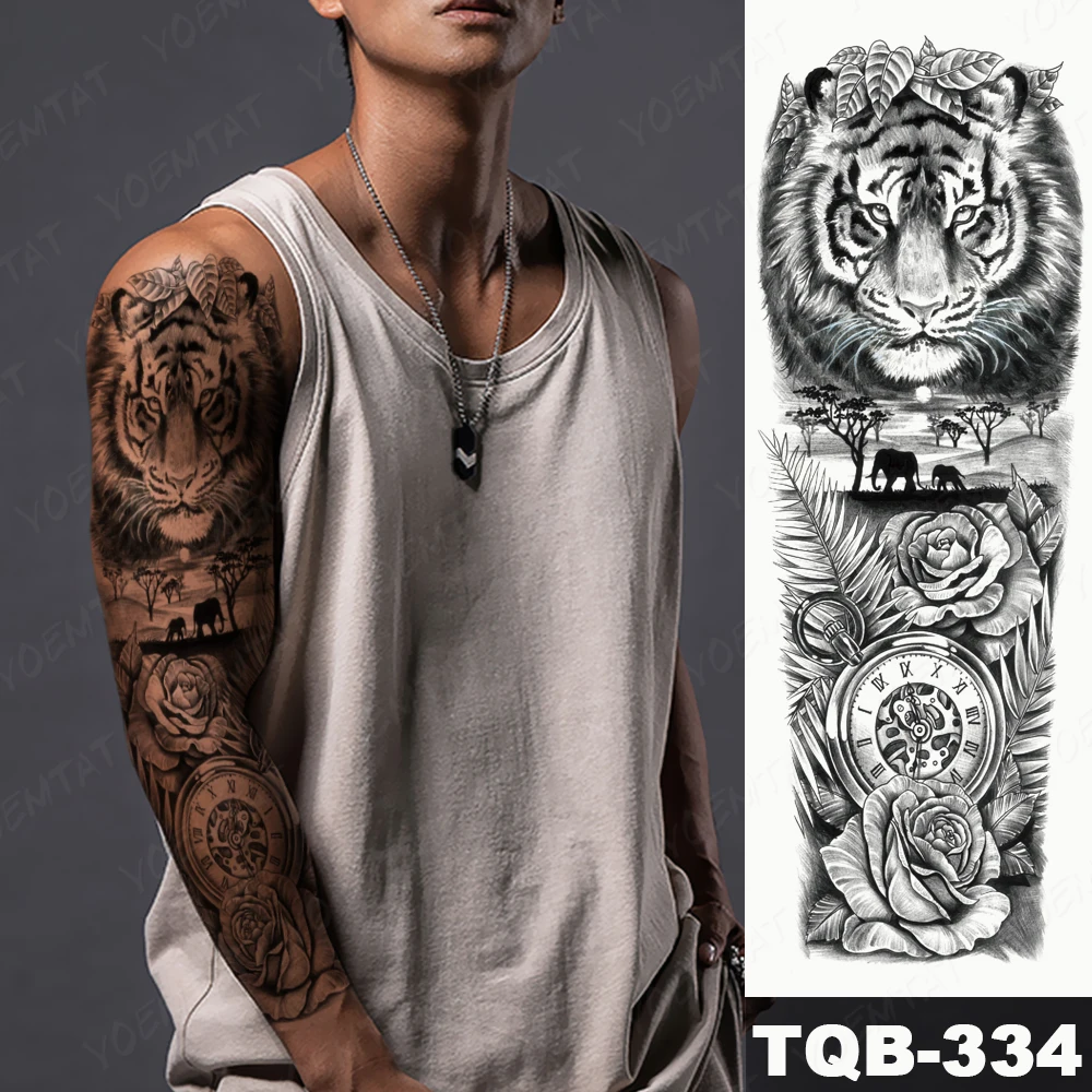 Tatuaggio manica braccio grande Leone Corona Re Rosa Adesivo tatoo  temporaneo impermeabile Lupo selvatico Tigre Uomini Teschio completo Totem  Tatto falso - AliExpress, image size:1000x1000