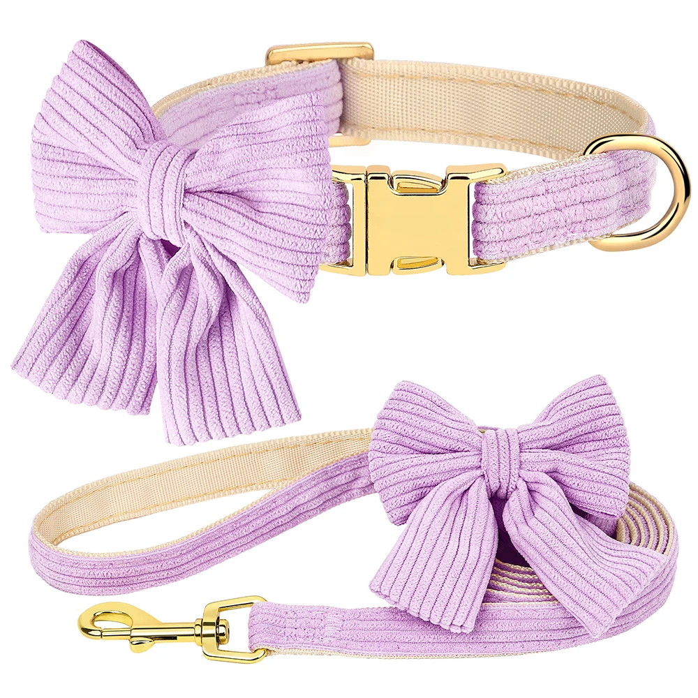Cute Dog Collar Leash Set With Bowknot Soft Velvet - PeticaDeals