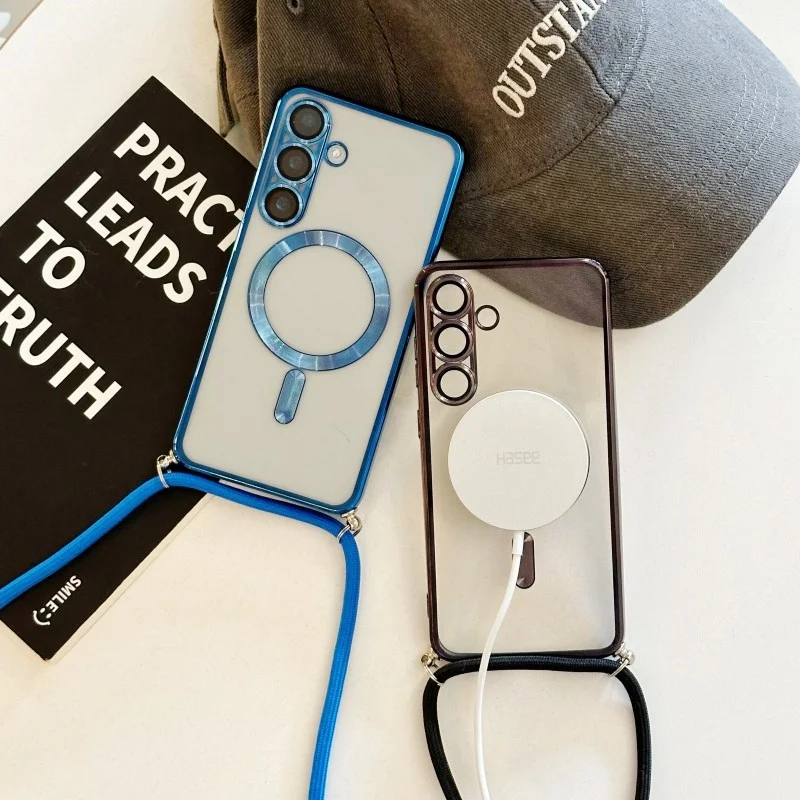 Magnetic Transparent Plating Crossbody Lanyard Phone Case with MagSafe