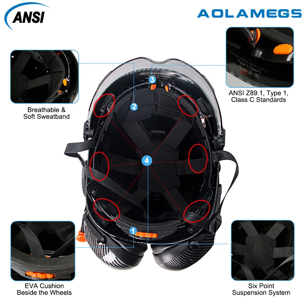 Safety Helmet Carbon Fiber Safety Helmet W/ Visor Built-in Goggles Carbon Fiber Earmuff ABS Industrial Hard Hat ANSI Climb Head Protection Cap