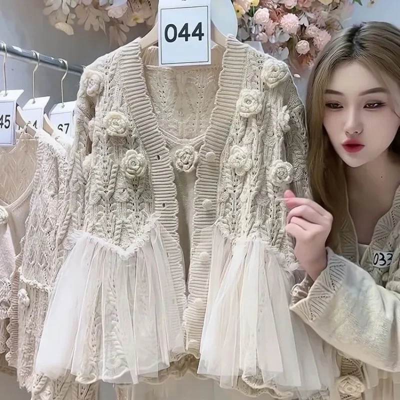 Kimotimo Women 3D Flowers Knitted Cardigan Patchwork Mesh Ruffles Sweater Coat Fashion Hooked Flower Hollow Long Sleeve Tops Ins 4
