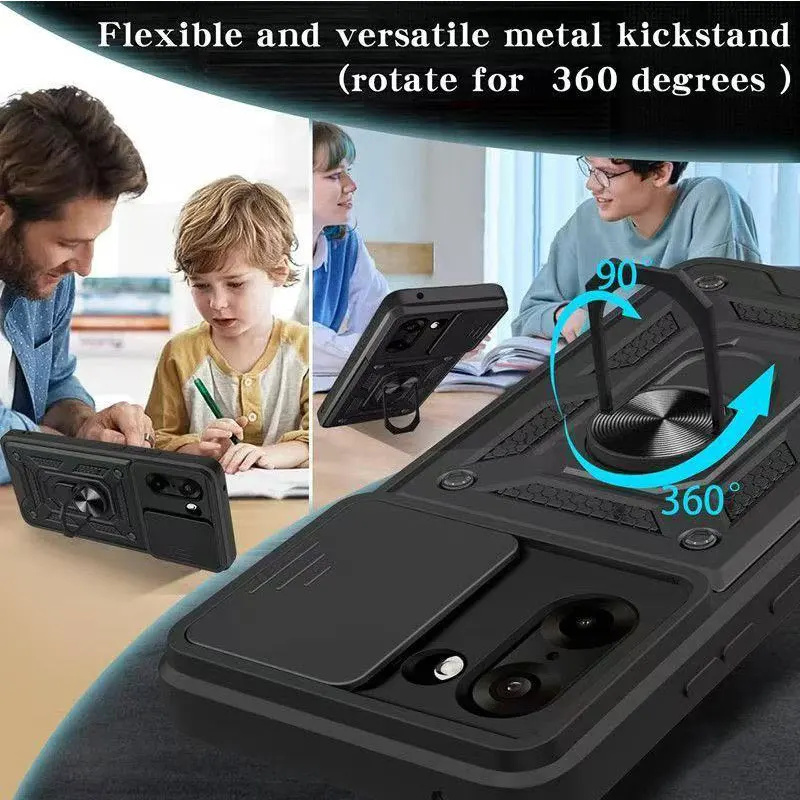 Slide Lens Cover with Magnetic Ring Stand Holder - Shockproof Armor Protection Phone Case