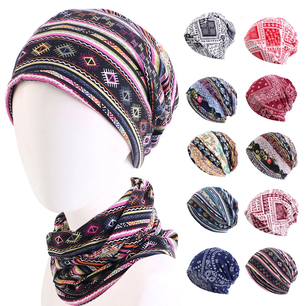 

Women Men Beanies Hat Print Autumn Winter Beanie Hats Vintage Bonnet Turban Hat Female Stretch Elastic Ear Protect Cotton Cap