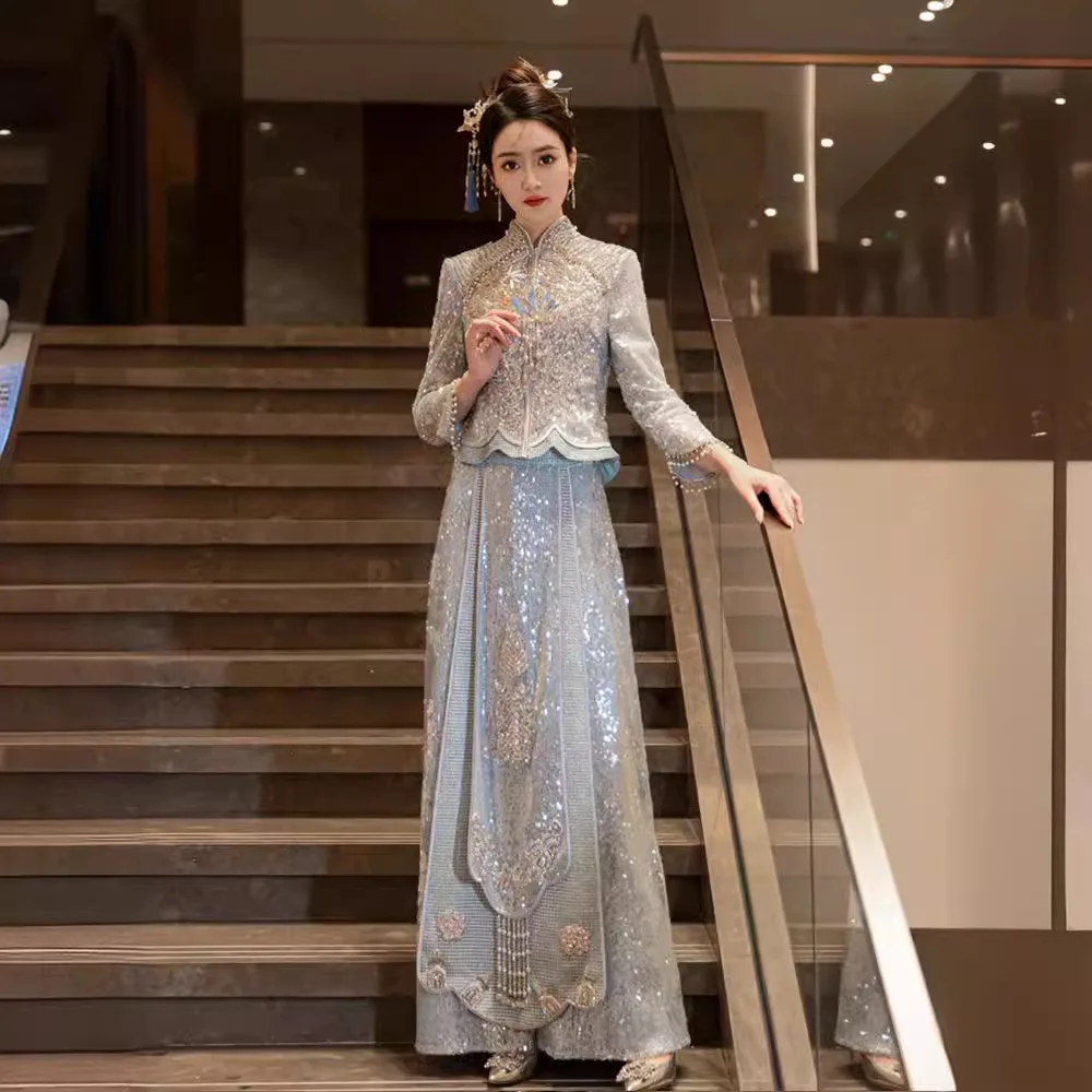 Blue Xiuhe Clothing Bridal Exit Clothing Malay Gown Skinny Dragon Phoenix Gown Toasting Wedding