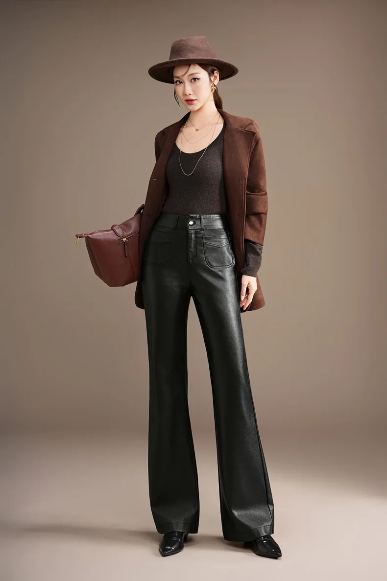 ZUZK Fashion Slimming Pu Leather Flare Pants New Women High Waist Flare Pants PU Leather Trousers Large Size Fashion Warm Pants 76 S3fda1b6718db421db8c9c110268a783ah