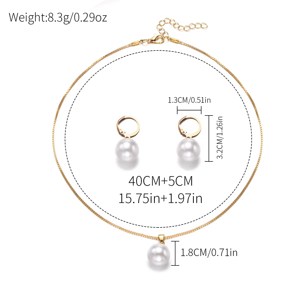 Fashion Elegant Imitation Pearl Pendant Necklace Earrings Set for Women Vintage Gold Color Chain Girl Wedding Party Jewelry Gift