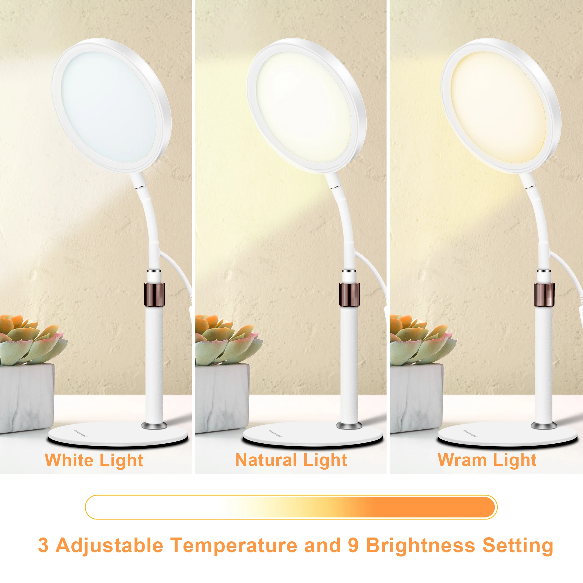 3-in-1 phototherapy table lamp-UV-free full spectrum LED, 10,000 LUX, adjustable brightness and color