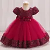 Elegant floral bow and fluffy sleeves, princess dress with sequins suitable for special occasions of baby girls, birthday dresse