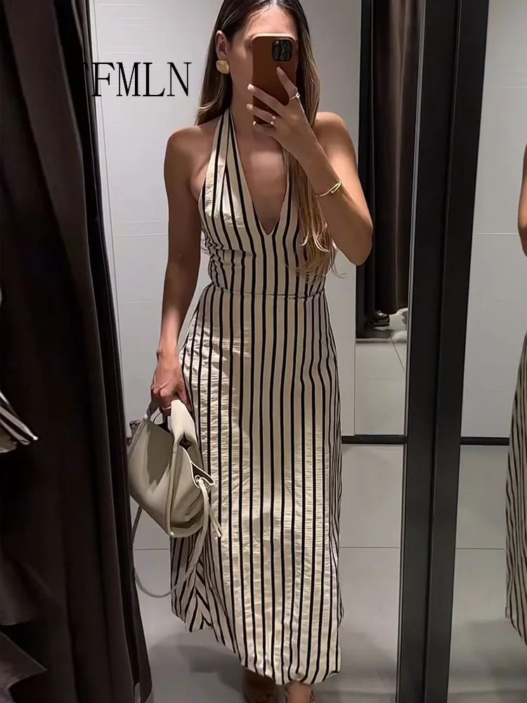 Elegantes Damen-Maxikleid mit Streifenmuster und Neckholder, sexy tiefem V-Ausschnitt, Schnürung, lässiges langes Kleid 2026, neues Urlaubskleid für Damen