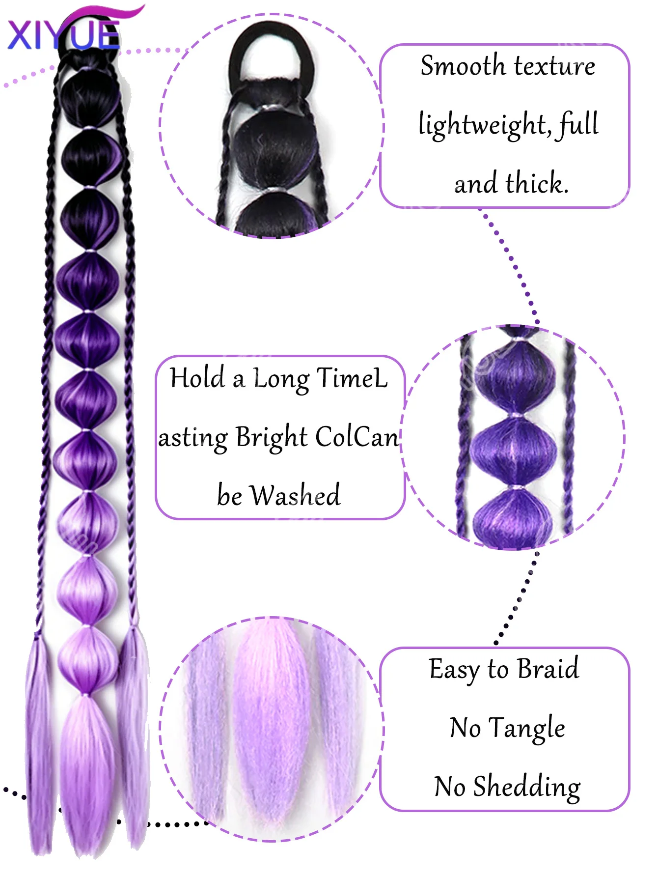 2개입 보라색 합성 버블 포니테일 붙임머리 24인치 가벼운 땋은 머리 페스티벌 레이브 액세서리 소녀들을 위한