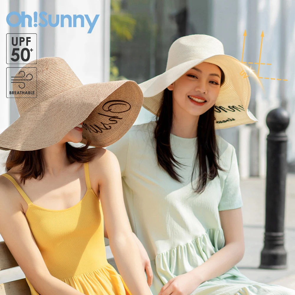 

OhSunny Straw Hat Women Summer UV Protection Wavy Edge Big Brim Adjustable Sun Visor Cap for Beach Traveling Fashion Accessories
