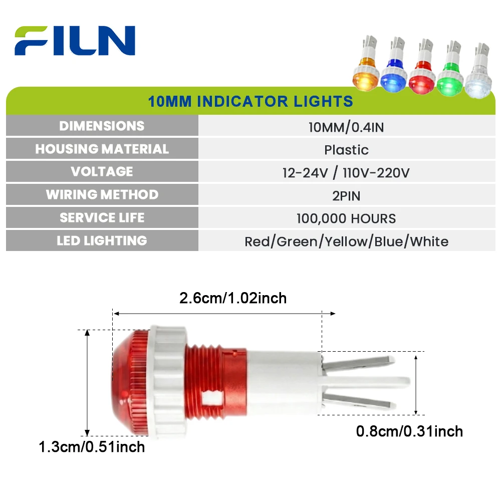 FILN 3PCS 10mm LED 표시등 12-24V/110-220V IP67 방수 경고등 자동차 해양 산업 장비 제어 박스용
