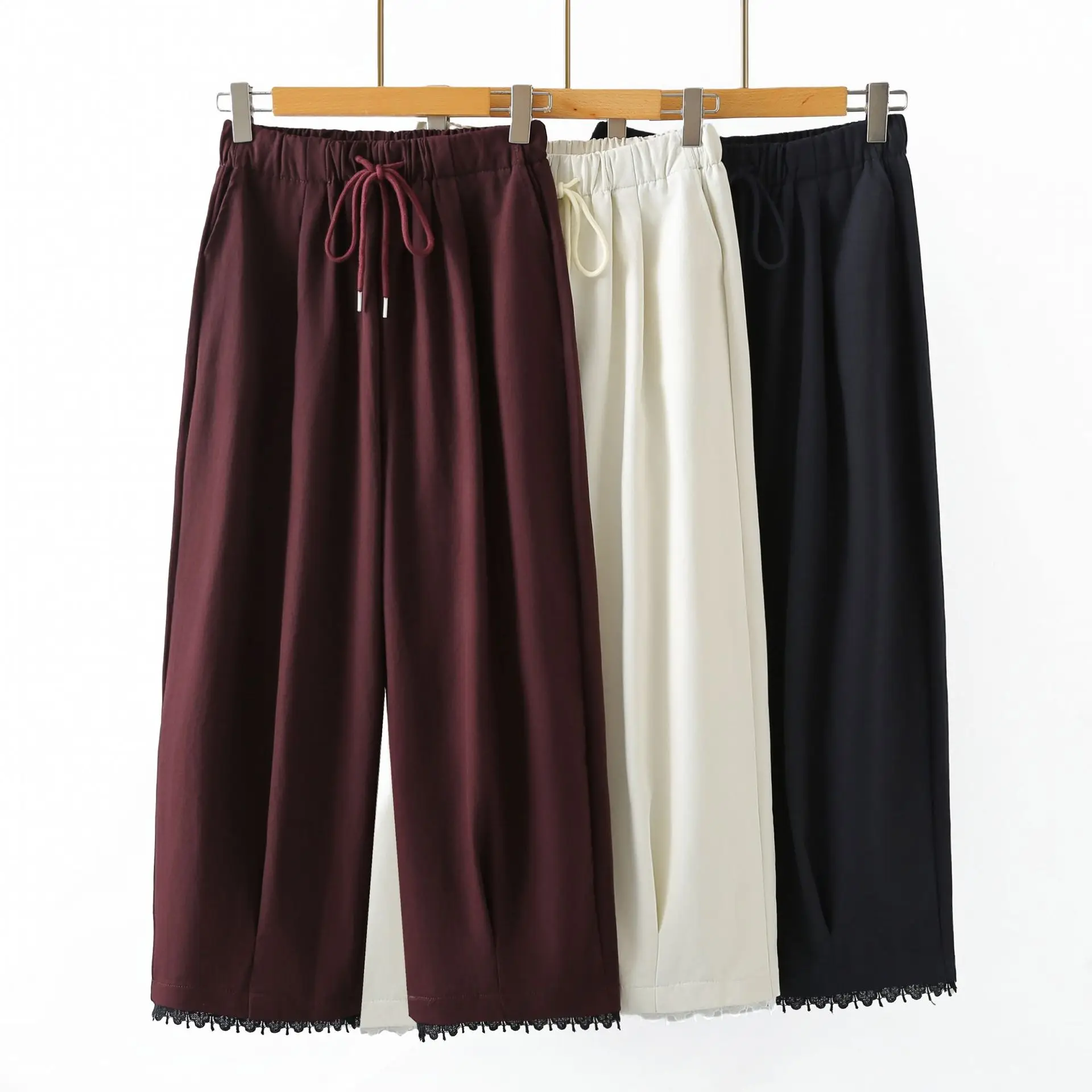 Fashion Plus Size Women's Pants Autumn New Casual Drawstring Waist Hem Lace Straight Trousers 25005