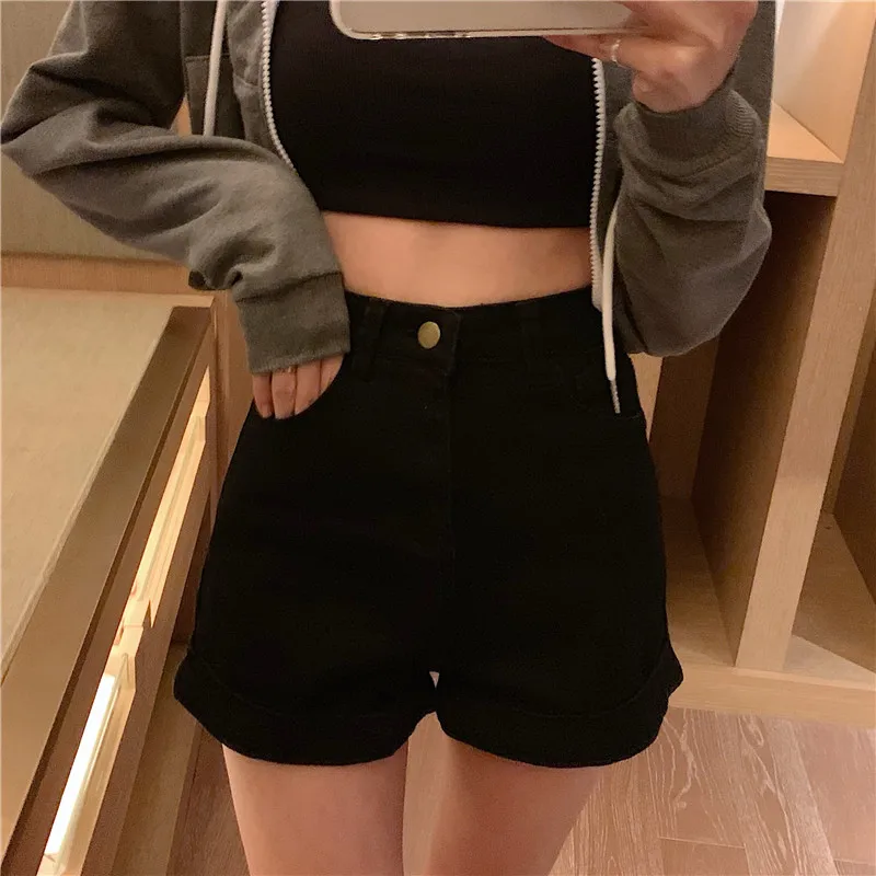 Spring Summer Elastic Denim Shorts Female Korean New High Waist Thin Wild Wide Leg Short Pants Hot Pants Trendy Slim Shorts Girl shorts women