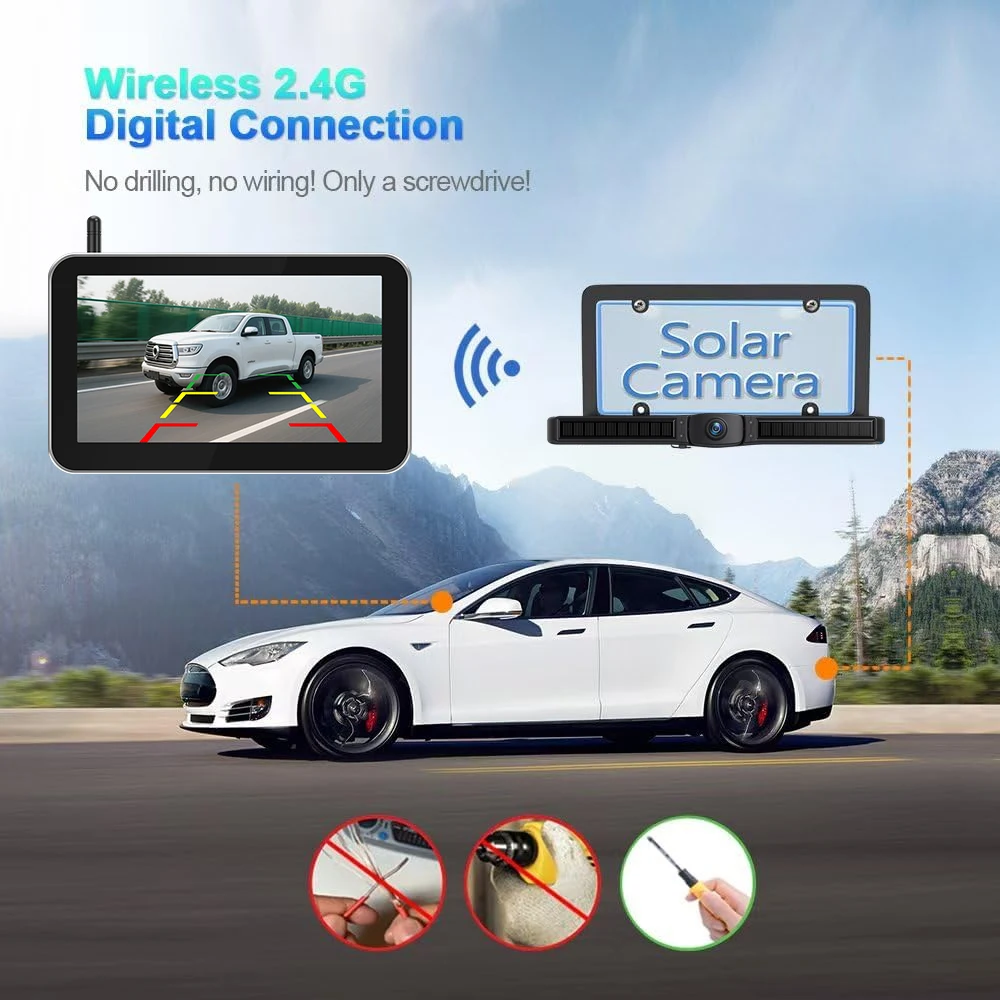 태양광 무선 후방 카메라 7인치 HD 모니터 WiFi 번호판 후방 카메라 방수 야간 투시경 트럭 밴용