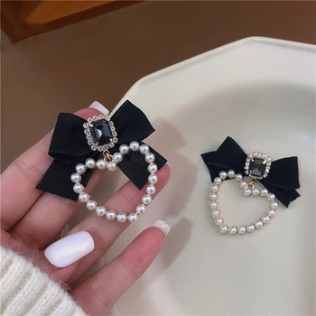 New Korean Trendy 925 Silver Needle Black Bowknot Square Crystal Drop Earrings for Women Elegant Pearl Heart Jewelry Gifts 1
