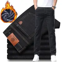 2025 Fashion Men Winter Thermal Jeans Stretch Straight Leg Slim Fit Pants Male Business Casual Black Plus Size Trousers