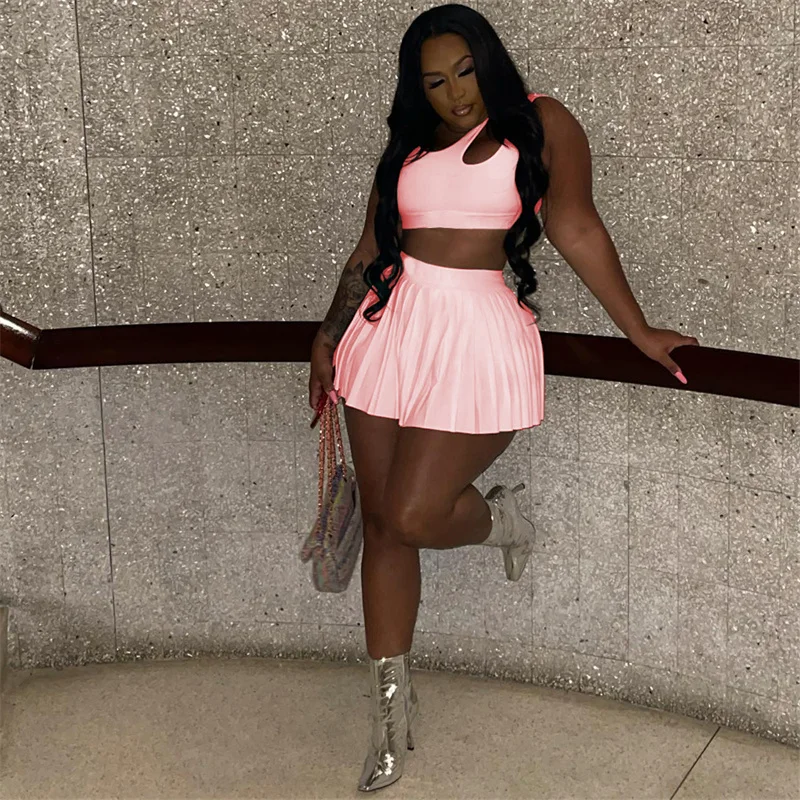 thumbnail image 1 of Conjunto de 2 piezas para mujer, ropa de club sexy, top corto calado y minifalda plisada, conjuntos a juego, chándal deportivo, 1 of 4