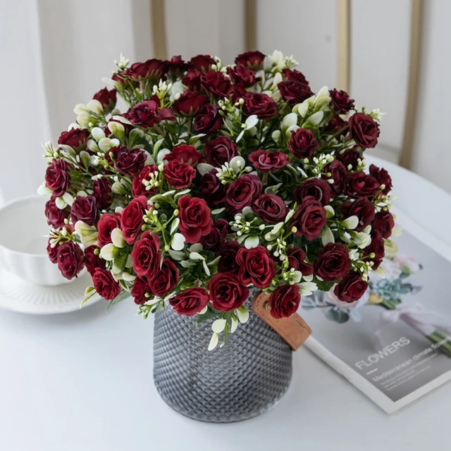 Rose en soie à 15 têtes, 5 fourchettes, pour Bouquet de mariée, couronne de noël, Vase, décoration de maison, bonsaï, bricolage, Scrapbook, fleur artificielle 4