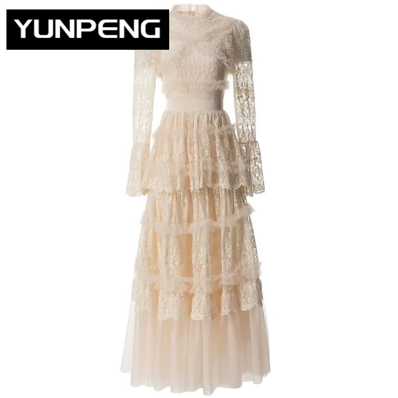 

Summer Dress Women O-Neck Flare Sleeve Mesh Embroidery Ruffle Elegant Party Long Dresses For Women 2023 Runway Luxury Brand