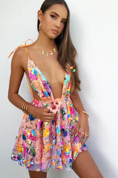 Sexy Deep V Backless Sequin Floral Tie Women Short Dress 1