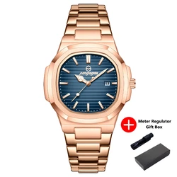 Luxury Square Waterproof Luminous Date Watch for Men - Stainless Steel Quartz with Gift Box (Gold Blue)