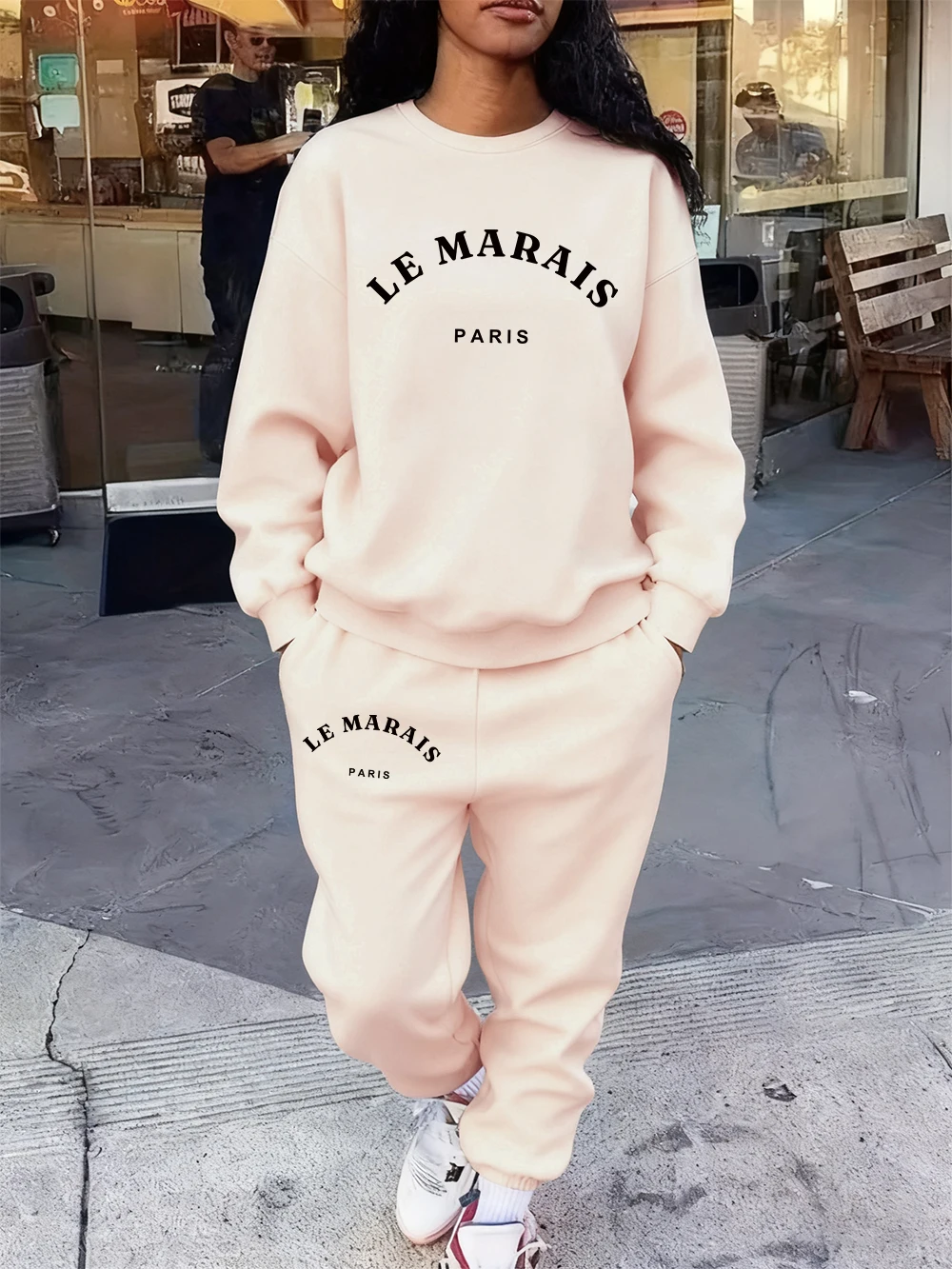 2 Pcs Hoodies Set Womens Le Marais Paris Prints Sweatpants Casual Loose Fleece Sweatshirt Jogging Outfits Winter Pocket Clothes
