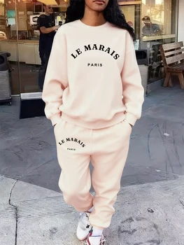 2 Pcs Hoodies Set Womens Le Marais Paris Prints Sweatpants Casual Loose Fleece Sweatshirt Jogging Outfits Winter Pocket Clothes