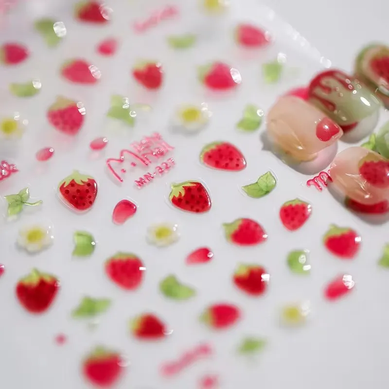 Nail Stickers 1pcs 5D Kawaii Jelly Strawberry Cartoon Slider Adheisve Nail Art Stickers Embossed DIY Manicure Decorations Decals