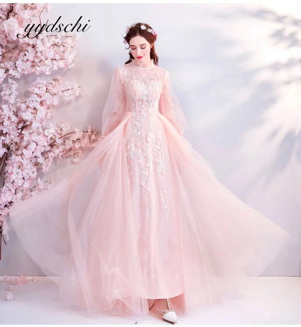 

2022 Long Sleeves Prom Dresses Elegant Pink High Neck Tulle Lace Up Appliques Evening Dress For Women Praty Gown Floor Length