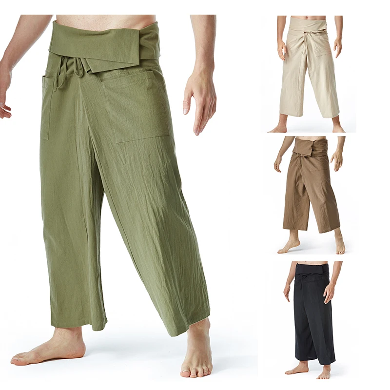2023 Linen Summer Thai Fisherman Wrap Pants Cotton Men Women Loose Yoga Medieval Japanese Samurai Pants Unisex Kimono Trousers 2