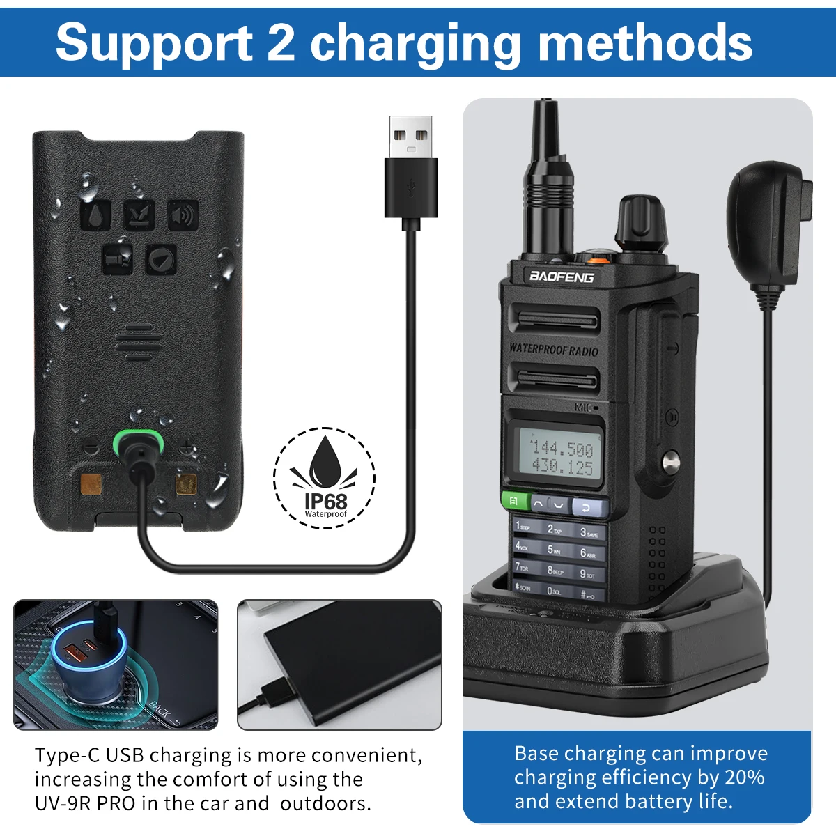Baofeng UV-9R Pro V2 Waterproof IP68 Walkie Talkie Type-C Charger VHF UHF Ham Radio 50KM Long Range Upgrade UV-9R Plus 3