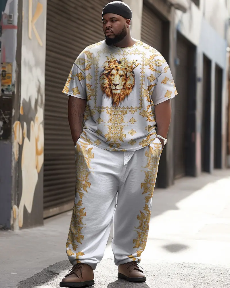 Biggmans Two Piece Sets T-Shirt for Men's Casual Clothing Simple Color Block Print Trousers Pants Big Plus Size Suit L-9Xl